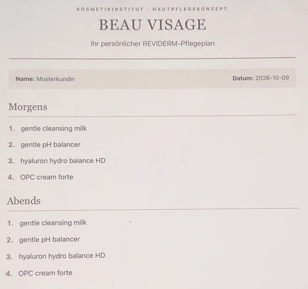 Beau_Visage_Pflegeplan_Vorschaubild Individueller digitaler REVIDERM-Pflegeplan von Beau Visage mit Morgen- und Abendroutine