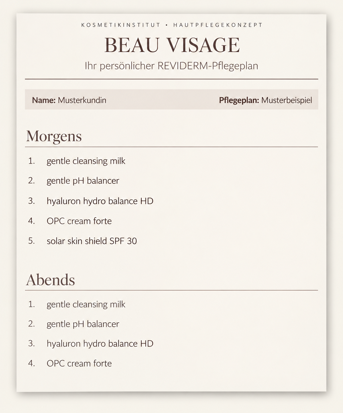 REVIDERM-Pflegeplans von Beau Visage mit Morgen- und Abendroutine